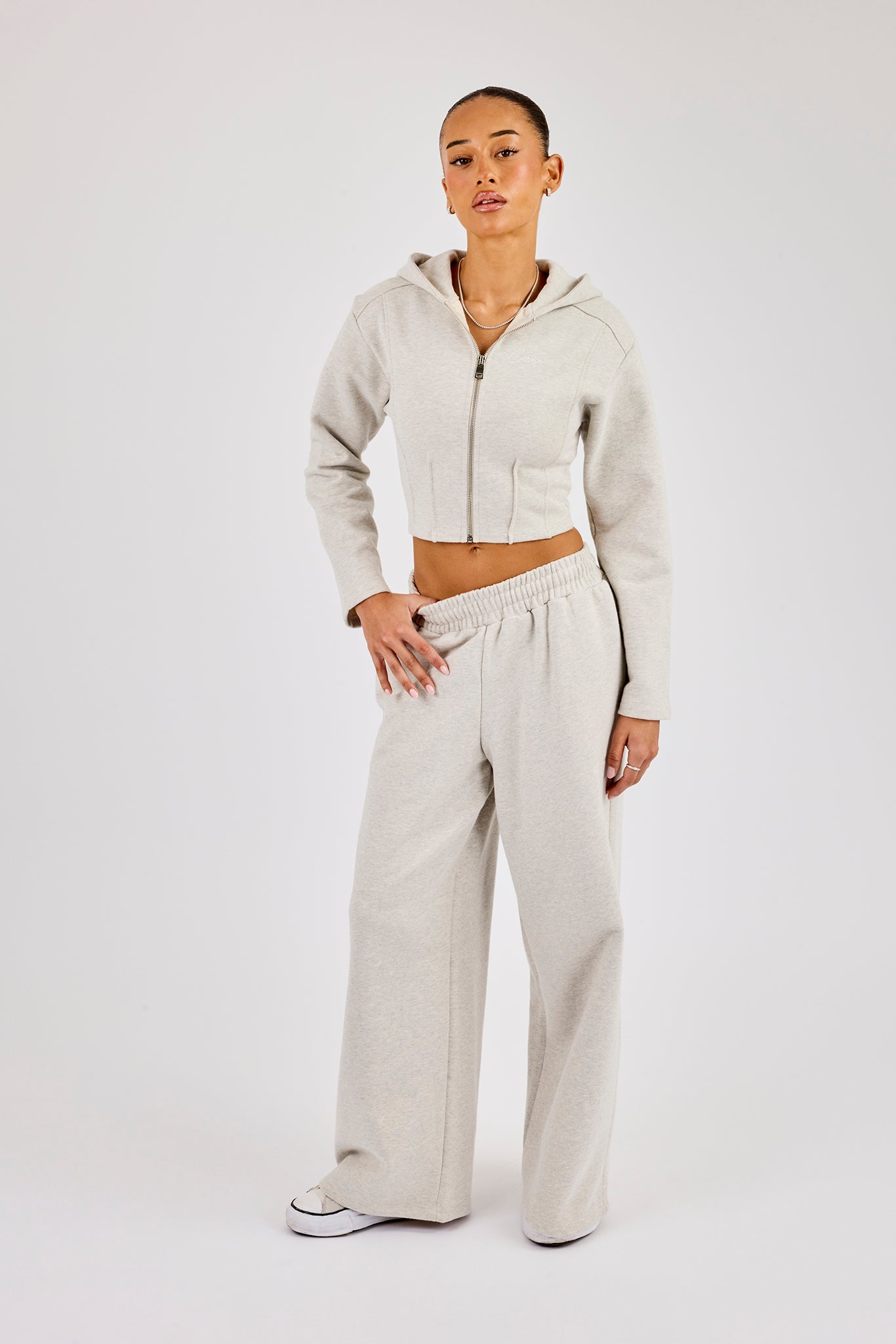 Korsett-Hoodie mit Reißverschluss und superweite Jogginghose – Grau meliert